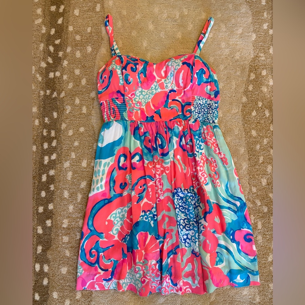 Lilly Pulitzer Coral, Turquoise & Navy Print Spaghetti Strap Dress